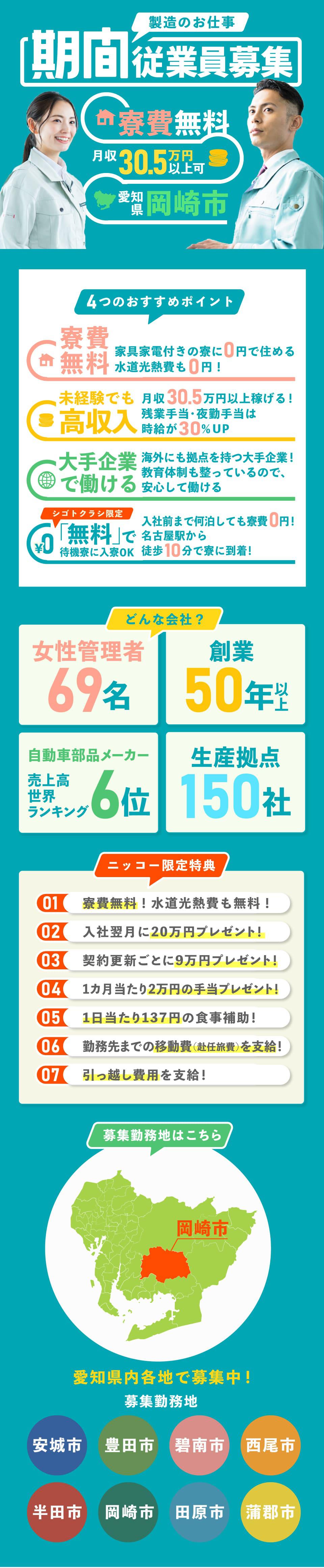 愛知県 岡崎市 株式会社ニッコーの自動車 部品 バイク組み立て 組付け マシンオペレーター 塗装求人情報 寮付き 社宅 住み込み 土日休み 工場 製造業求人ならジョブハウス 合格で1万円 正社員 派遣 アルバイト 274 6